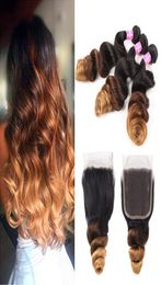 Paquetes brasileños de extensión de cabello virgen de onda suelta 1B 4 30 con cierre Ombre cabello humano de tres tonos 3 paquetes con 44 cierres de encaje4186687