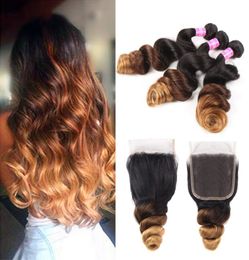 Paquets d'extension de cheveux vierges ondulés brésiliens 1B 4 30 avec fermeture Ombre trois tons de cheveux humains 3 paquets avec 44 dentelle Clos7883372