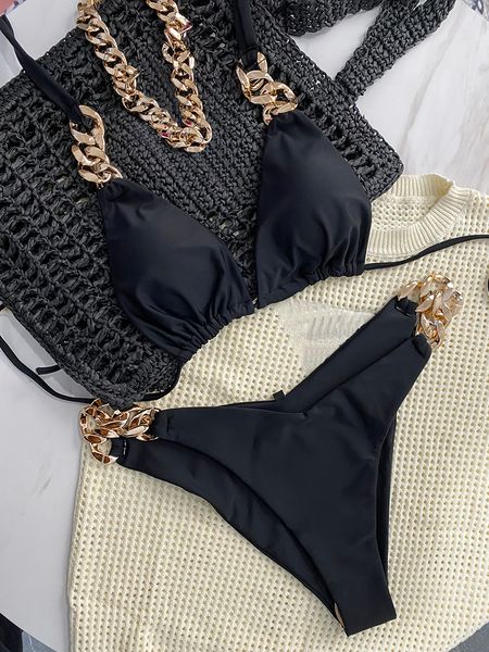 Brésilien 2 pièces Bikinis Set Chain de mode Designer Swimwear Femmes Sexy Push Up Bathing Black Beach Swimsuit XL Femme Beachwear Maillot de Bain Femme Biquini