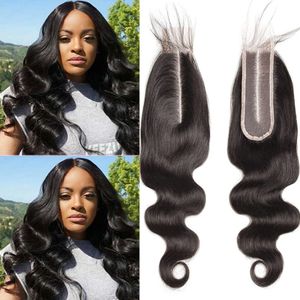 Brésilien 2x6 Lace Ferme Body Wave 100% Human Cheveux Deep Moyenne Pièce moyenne droite Transparent Lace Fermerie Remy Hair Kim K Fermeure avec bébé Couleur naturelle Couleur