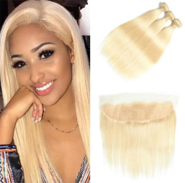 Brésilien 613 Blonde Cheveux Humains 3 Bundles Avec 13X4 Dentelle Frontale Fermeture Entière Blondes Droites Vierge Cheveux Weave Offres Avec 9221787