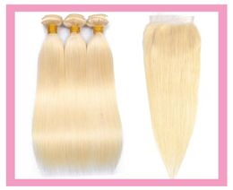 Braziliaans 613 Blond Echt haar Blond Recht 3 bundels met 4X4 vetersluiting Met babyhaarextensies 613 kleur8167689