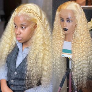 Braziliaans 613 HD frontale 360 Deep Wave Lace Front Wig Blonde gekleurde simulatie Human Hair 13x4 Transparante krullende pruiken verkoop