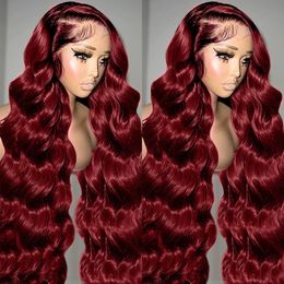 Perruque Lace Front Wig Body Wave brésilienne naturelle, cheveux humains, bordeaux 99J, 13x4, 13x6, HD, 30 ou 36 pouces, couleur rouge, pour femmes