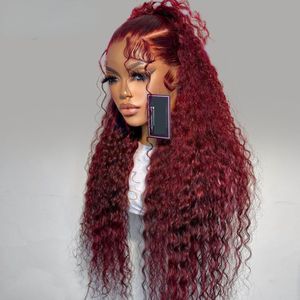 Perruque Lace Frontal Wig brésilienne naturelle ondulée, cheveux naturels, sans colle, couleur rouge bordeaux 99j, 13x4 Hd, 36 pouces