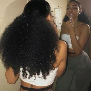 Brésilien Afro Kinky Bouclés Naturel 140g Ponytails Weave Clips En Bande Élastique Liens Cordon Queue De Cheval Vierge Extension de Cheveux Humains