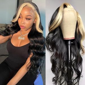 Brésilien Black Highlights Wavy 13x4 Lace Front Wig Highlight Blonde Colored Human Hair Synthetic Synthetic Wigs for Women