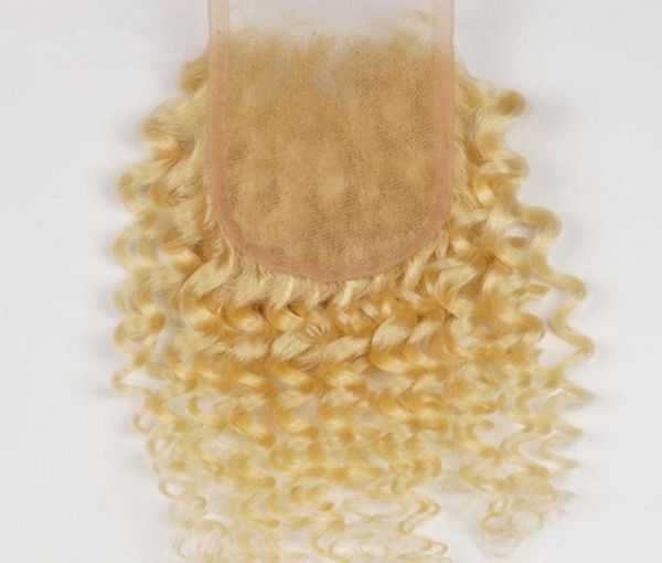 Blonde brésilienne 4x4 dentelle fermeture supérieure noeuds blanchis avec des cheveux de bébé crépus bouclés 613 couleur pure cheveux humains brésiliens dentelle frontale 3361587