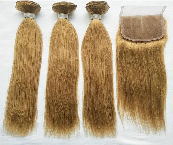 Brasil rubio cabello humano 3 paquetes con cierre de encaje de color 27 brasileño recto remy extensiones de tejido de cabello humano con Closu9801953