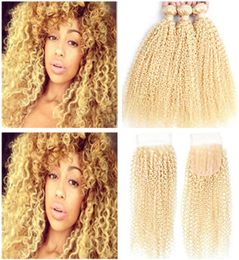 Les paquets brésiliens blonds à cheveux humains avec fermeture Curly 613 Bleach Blonde Virgin Hair 3 Bundle Forme avec 4x4 Lace Clo4495647