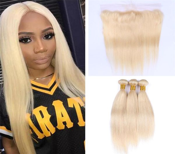 Boulonnements brésiliens blonds raides avec une fermeture frontale en dentelle colorée 613 Platine Blonde Human Fair Weaves avec 13x4 Lace2777178 Full