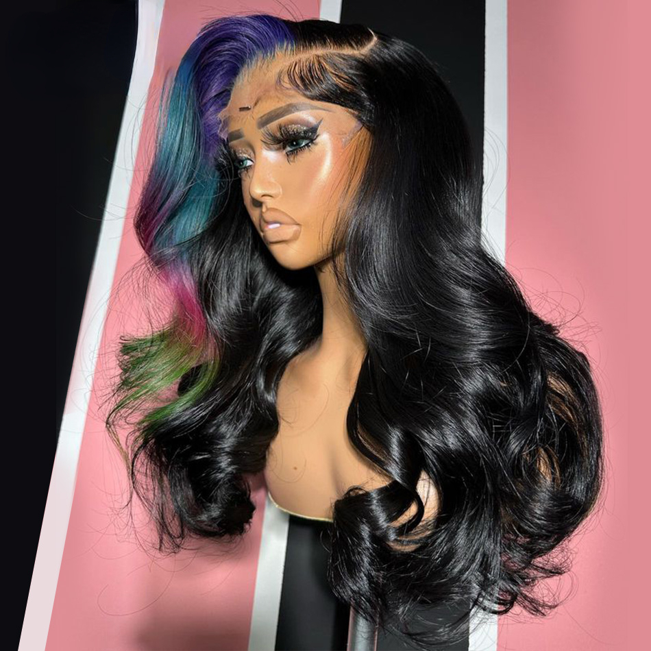 Brazilian Blue Pink Highlight Body Wave lace front Wig Human Hair Pre-Cut HD Lace 13x4 Glueless Lace Frontal Wig