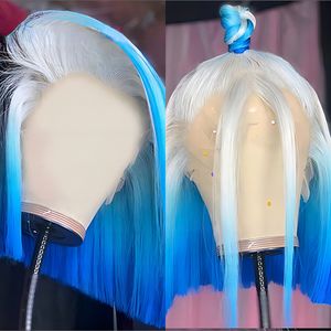 Peluca brasileña de Bob corto azul, pelucas de cabello humano con frente de encaje, peluca con malla frontal recta, pelucas de encaje transparentes de colores para mujeres