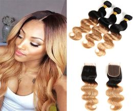 Bundles de cheveux humains brun foncé de vague de corps brésilien avec fermeture Extensions de tissage de cheveux vierges de couleur entière 1B 27 deux tons270u9937229