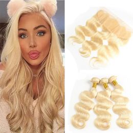 Braziliaanse Body Wave Haar 613 # Blonde Oor tot Ear 13x4 Kant Frontale Sluiting met 3 Bundels Braziliaanse Virgin Menselijk Haar Weave Extensions