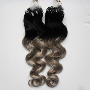 Cheveux brésiliens ondulés ombrés Micro boucle anneaux faciles/perles Extensions de cheveux 1B/gris argent ombre cheveux humains 200g