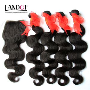 Braziliaanse Body Wave Virgin Menselijk Haar Weave 4 Bundels met Kantsluiting Onverwerkte Brazillian Remy Haar en Topsluitingen Gratis / Midden / 3 Deel