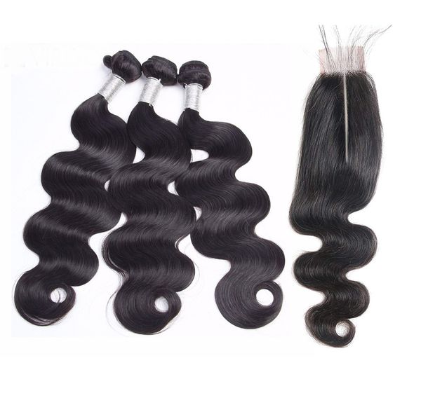 Tissage en lot brésilien naturel Body Wave avec fermeture en dentelle Kardashian 2x6, Double trame, teintable et blanchissant, lots de 3