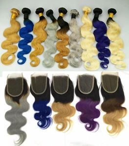 Tissages de cheveux humains brésiliens ondulés avec fermeture en dentelle Tissages de cheveux humains Ombre Rouge Bleu Violet 99J Bourgogne 1B427 Trame de cheveux7667046