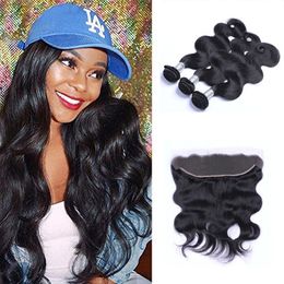 Brazilian Body Wave Human Hair Wefts 3 Bundels met 13x4 Lace Frontale Ear to Ear Full Head Natural Color Kan geverfd worden Human Hair Wefts