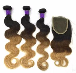 Braziliaanse Body Wave Menselijke Remy Haar Weefsels 3/4 Bundels met Sluiting Ombre 1b / 4/27 Kleur Dubbele WEKS Hair Extensions