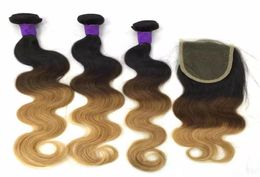 Brésilien Wave Wave Human Remy Hair tisse 34 packs avec fermeture ombre 1b427 couleur double trétère extensions de cheveux3320692