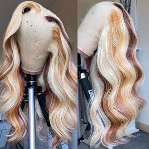 Braziliaanse Body Wave Lace Front Pruik Honing Blonde Highlight Lace Frontale Pruik voor Vrouwen 36 Inch Full Hd Lijmloze Lace Synthetische Pruiken