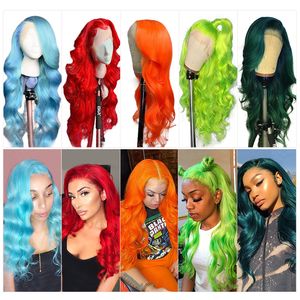 Perruque Lace Front Wig Body Wave brésilienne Remy, cheveux naturels colorés, bleu rouge rose 99j, 13x1, pre-plucked, perruques de cheveux humains