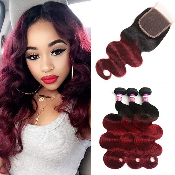 Brazilian Body Wave Remy Cabello humano 3 paquetes con cierre Ombre Borgoña 1B 99 # Extensiones de cabello humano Dos tonos Cabello virgen Vendors225V