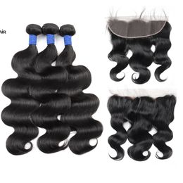 Ishow Braziliaanse Body Wave Virgin Menselijk Haarbundels met Sluiting 13x4 Kant Frontale Natte en Golvende Weeft Extensions voor Vrouwen Alle leeftijden Natuurlijke kleur Zwart