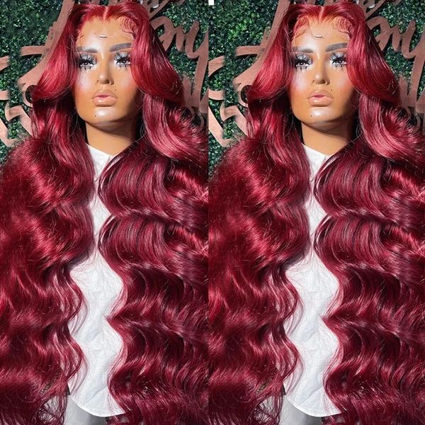 Pelucas brasileñas onduladas de cuerpo 13x4x1 peluca con parte en T de encaje pelucas de cabello humano para mujeres negras 99 peluca ondulada de color rojo cereza nudos blanqueados
