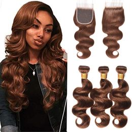 Braziliaanse bruine body wave menselijk haar 3 bundels met kant sluiting # 4 lichtbruin remy haar bundels 100% menselijk haar weeft