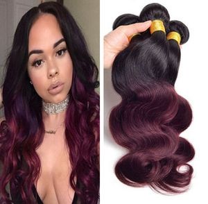 Cheveux brésiliens ombrés bordeaux, Body Wave, deux tons ombré 99J, cheveux humains rouge vin