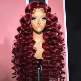 Perruque frontale en dentelle ondulée profonde de couleur rouge bordeaux brésilienne HD perruque avant en dentelle transparente cheveux humains pour femmes perruque de fermeture en dentelle synthétique