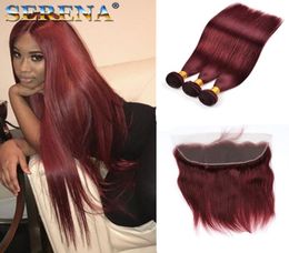 El cabello virgen brasileño de Borgoña con cierre frontal de encaje con 3 paquetes Color 99J El cabello liso rojo vino teje con encaje 13x4 Fro7927521