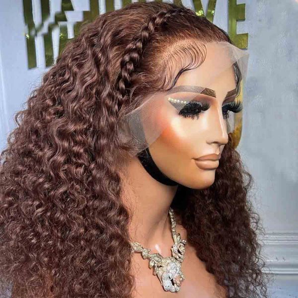 Perruques de cheveux humains frontaux ondulés brun chocolat brésilien pour femmes mouillées et ondulées 13x4 perruque avant en dentelle transparente synthétique pré-épilée