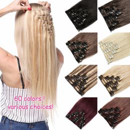 Clip en extensiones de cabello Remy Remy Human Hair Weft Cabeza completa 8pcs 70G 100G 120G 140G Clip Piezas para el cabello grueso Black Brown Natural Rubo 14 "-24" Ali Magic Factory Direct Sales