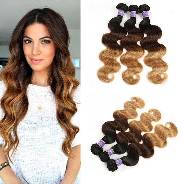 Cheveux humains vierges de couleur brésilienne tisse des paquets de vague de corps Ombre trois tons brésiliens 1B/4/27 # Extensions de cheveux humains brun foncé