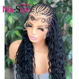 Brasileño trenzas de trenza sin nudo Black Deep Wave Frontal Box Long Wig With Baby Hair Synthetic Lace Front Wigs