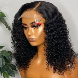 Perruques brésiliennes bouclées de cheveux humains pré-plumées transparentes 13x4 perruque frontale en dentelle Remy cheveux bouclés profonds perruque courte Bob