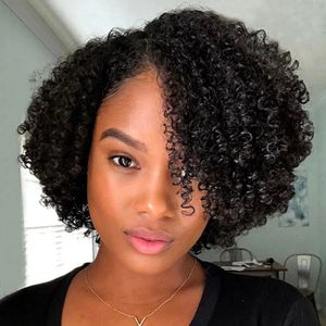 Perruques de cheveux humains bouclés brésiliens avec Bang courte coupe de lutin Bob perruque 150% densité pleine Machine faite perruques pour les femmes