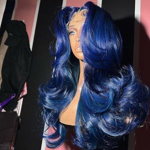 Braziliaanse Donkere Oceaan Blauw Body Wave Menselijk Haar Pruiken voor Vrouwen 13x4 Kant Frontale Transparante Synthetische Vetersluiting pruik Preplucked