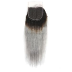 4x4 Silver Grey Ombre Human Lace Closure 1B Gris / Gris Fermeture de cheveux raides