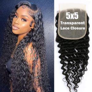 Perruque Lace Closure brésilienne Remy, Deep Wave, 5x5, 100% cheveux naturels, partie profonde, Lace Closure transparente, couleur naturelle, avec Baby Hair