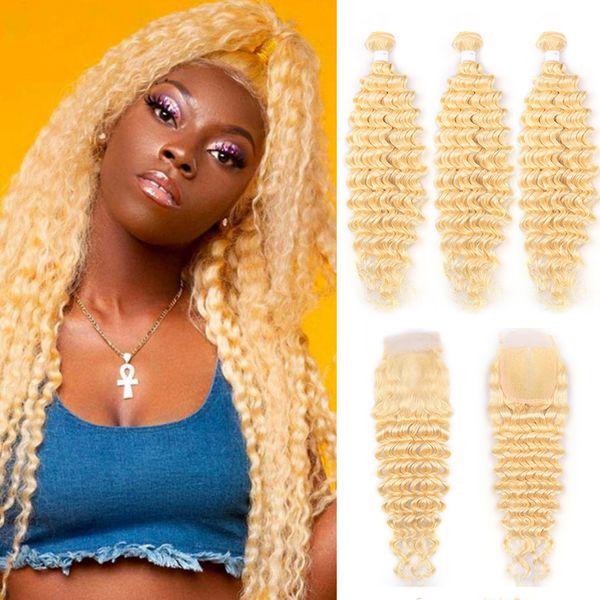 Bundles brésiliens de cheveux humains blonds Deep Wave 613 avec fermetures Frontals Honey Platinum Virgin Hair