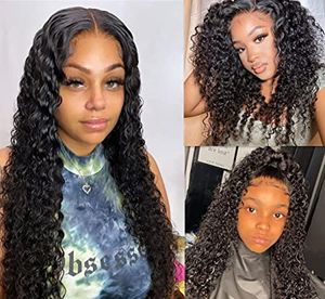 Perruque Lace Front Wig brésilienne naturelle, cheveux humains ondulés, Deep Wave, bouclée, transparente, humide, 150%, 360, perruque frontale complète bouclée, pour femmes noires