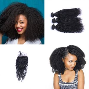 crépus brésilien Curl Bundles cheveux avec fermeture gratuit Moyen 3 Partie Double Trame humaine Hair Extensions Dyeable Human Hair Weave DHL Livraison