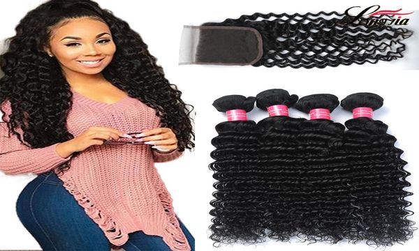 Cheveux brésiliens de vague profonde avec fermeture Extension de cheveux humains non transformés entiers 34 paquets de cheveux vierges de vague profonde avec fermeture 9732215