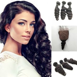 Braziliaanse Europese Indiase Virgin Hair Weave Losse Wave 4pcs / Party Middle Part Silk Base Sluiting met Bundels 8A Menselijk Haarverlenging