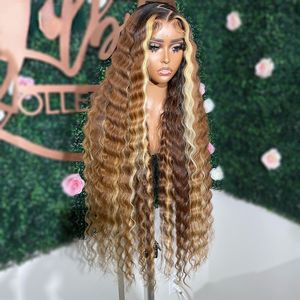 Braziliaans glueuze hoogtepunt Wig Human Hair Deep Wave Lace frontale pruik 13x4 Bruine blond gekleurde kant voorpruiken synthetische 250 dichtheid